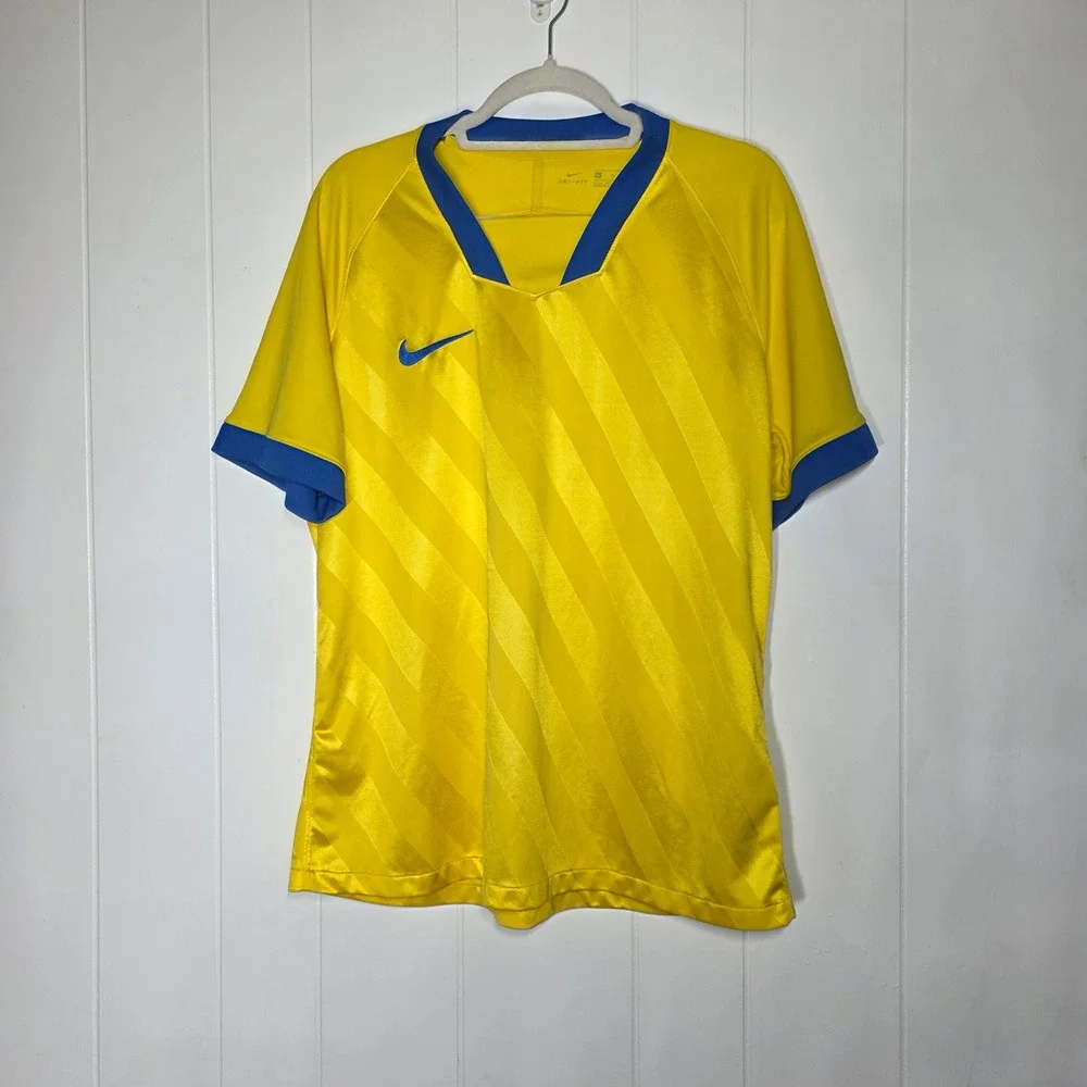 Nike Soccer Jersey Mens XL Yellow Blue Dri-FIT Shadow Stripe Training Shirt